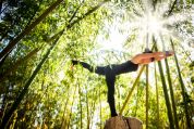Asiatin macht in einem Bambuswald auf einem Baumstumpf stehend eine Yoga-Gleichgewichtsübung Asiatin macht in einem Bambuswald auf einem Baumstumpf stehend eine Yoga-Gleichgewichtsübung